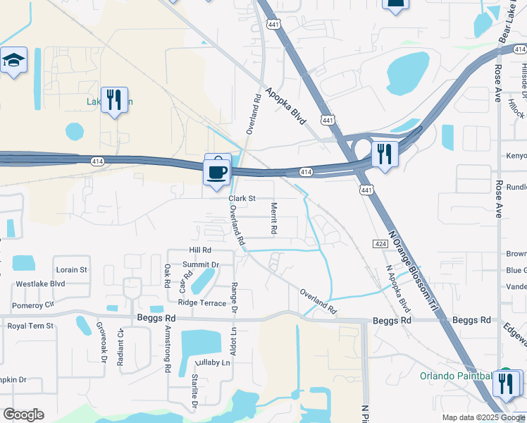 map of restaurants, bars, coffee shops, grocery stores, and more near 2889 Clark Street in Apopka