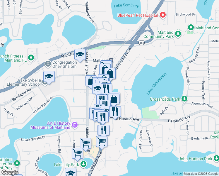 map of restaurants, bars, coffee shops, grocery stores, and more near 525 Sybelia Parkway in Maitland