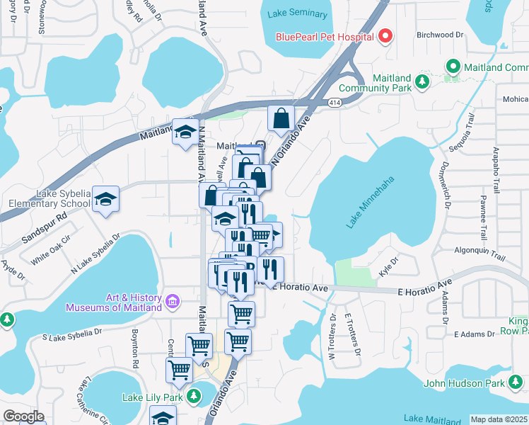 map of restaurants, bars, coffee shops, grocery stores, and more near 668 Orlando Avenue in Maitland
