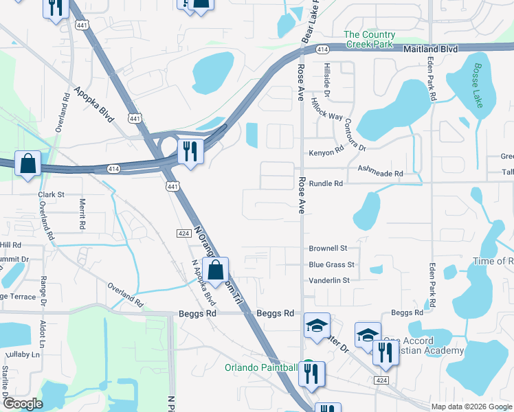 map of restaurants, bars, coffee shops, grocery stores, and more near 8357 Baywood Vista Drive in Orlando