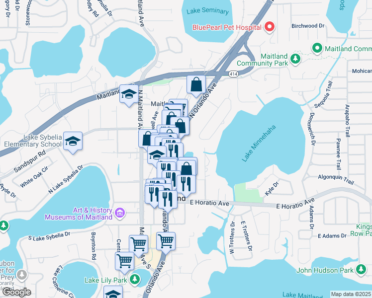 map of restaurants, bars, coffee shops, grocery stores, and more near 668 Orlando Avenue in Maitland
