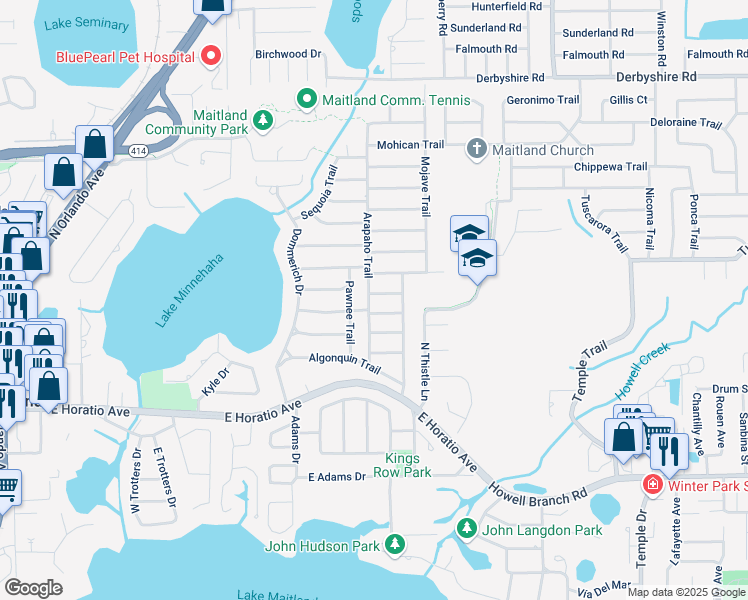 map of restaurants, bars, coffee shops, grocery stores, and more near 555 Arapaho Trail in Maitland