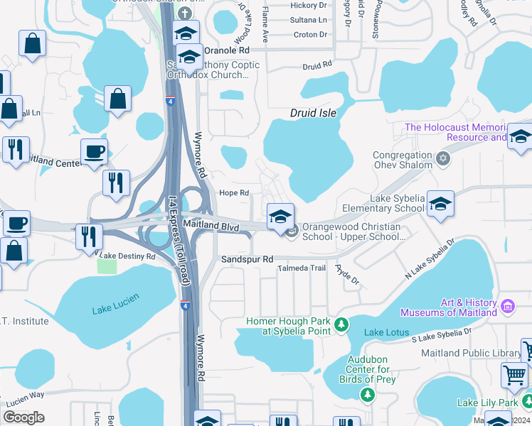map of restaurants, bars, coffee shops, grocery stores, and more near 1348 Benevolent Street in Maitland