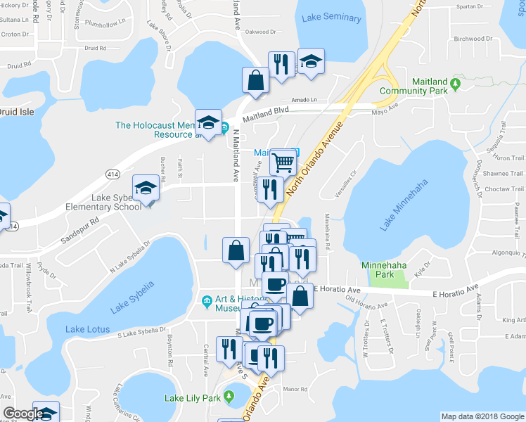 map of restaurants, bars, coffee shops, grocery stores, and more near 545 Gamewell Avenue in Maitland