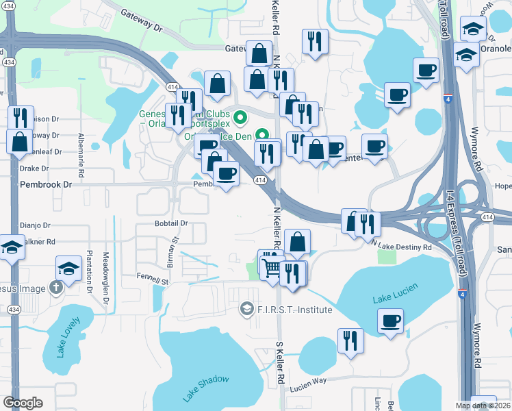 map of restaurants, bars, coffee shops, grocery stores, and more near 1760 Pembrook Drive in Orlando