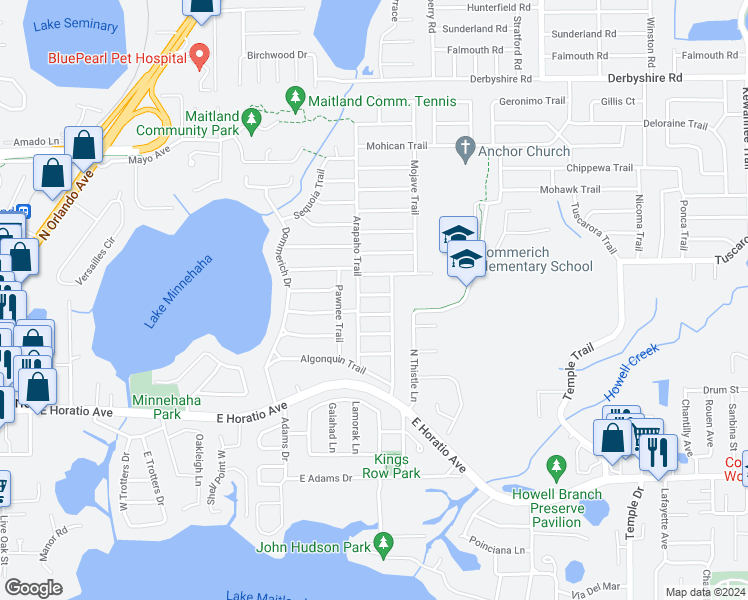 map of restaurants, bars, coffee shops, grocery stores, and more near 1760 Tonto Trail in Maitland