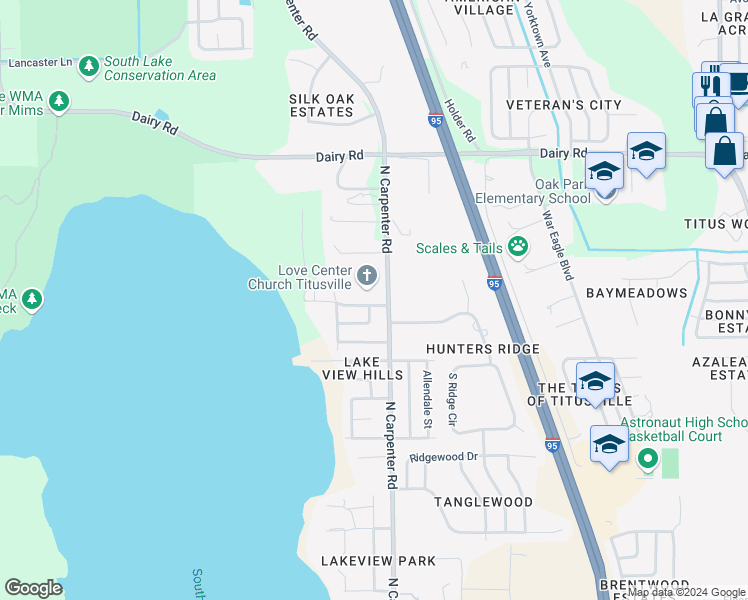 map of restaurants, bars, coffee shops, grocery stores, and more near 4020 Eola Avenue in Titusville