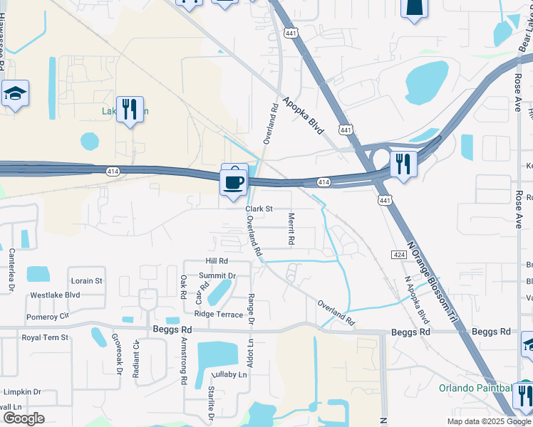 map of restaurants, bars, coffee shops, grocery stores, and more near 2816 Clark Street in Apopka
