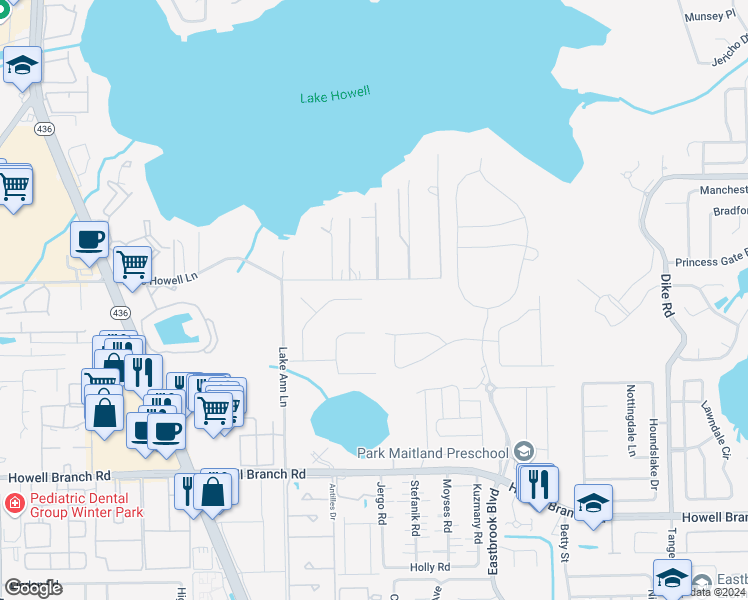map of restaurants, bars, coffee shops, grocery stores, and more near 120 Longbranch Road in Winter Park