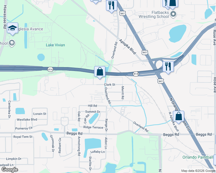 map of restaurants, bars, coffee shops, grocery stores, and more near 2816 Clark Street in Apopka