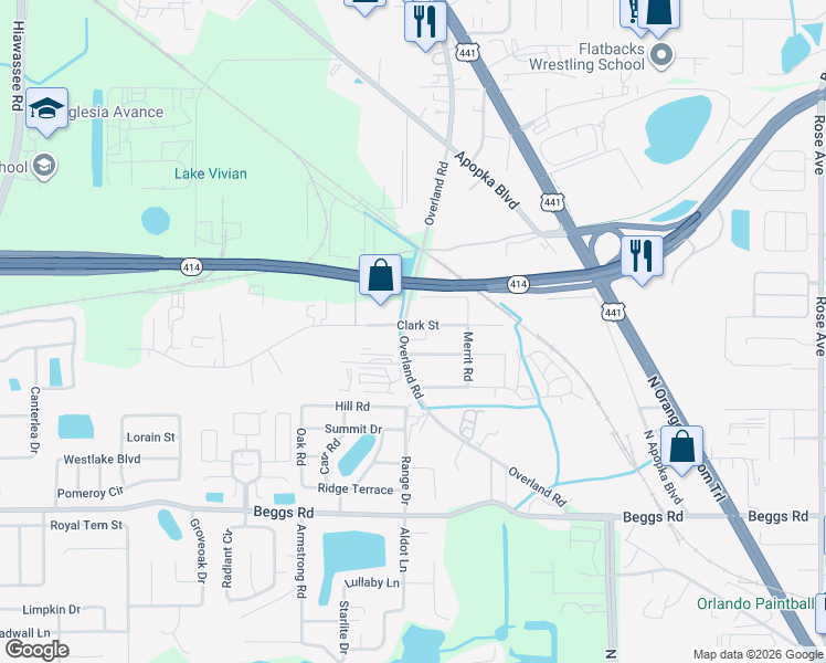 map of restaurants, bars, coffee shops, grocery stores, and more near 2816 Clark Street in Apopka