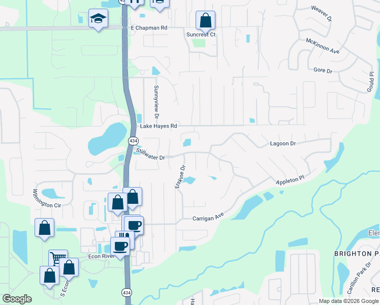 map of restaurants, bars, coffee shops, grocery stores, and more near 338 Stillwater Drive in Oviedo
