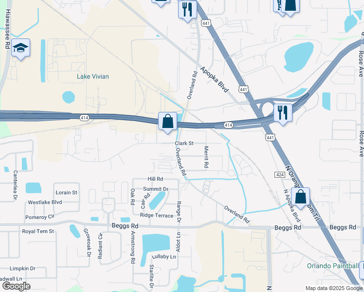 map of restaurants, bars, coffee shops, grocery stores, and more near 2816 Clark Street in Apopka