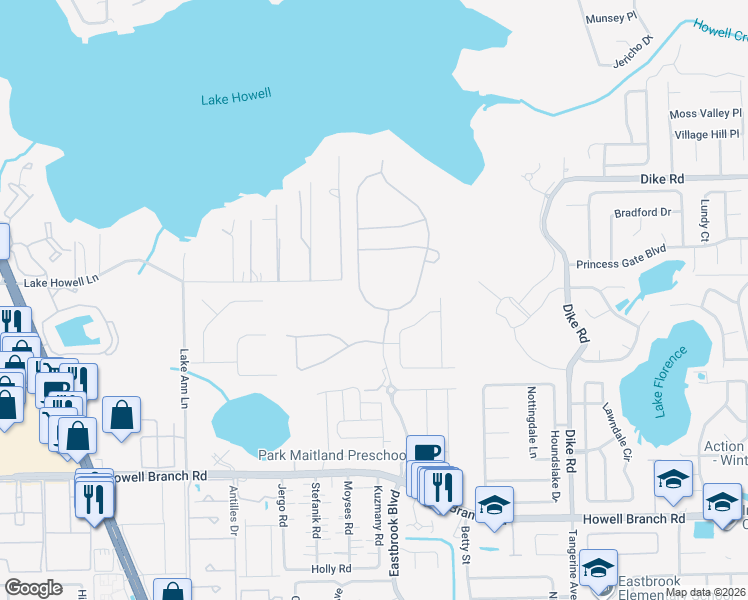 map of restaurants, bars, coffee shops, grocery stores, and more near 1152 Wading Waters Circle in Winter Park