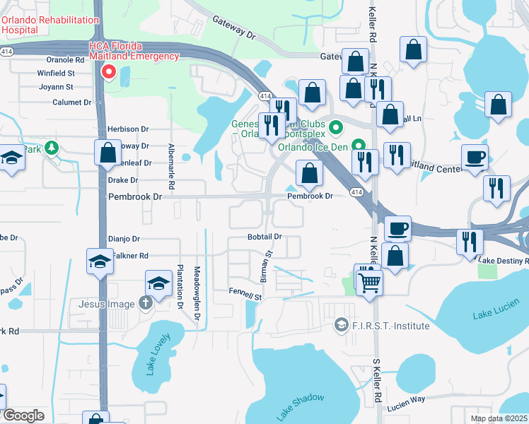 map of restaurants, bars, coffee shops, grocery stores, and more near 1955 Grand Brook Circle in Orlando