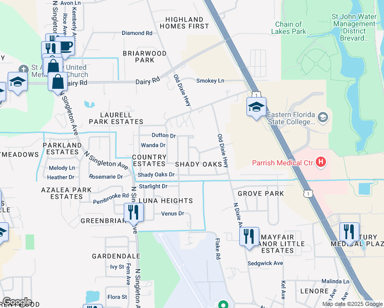 map of restaurants, bars, coffee shops, grocery stores, and more near 1165 Morse Avenue in Titusville