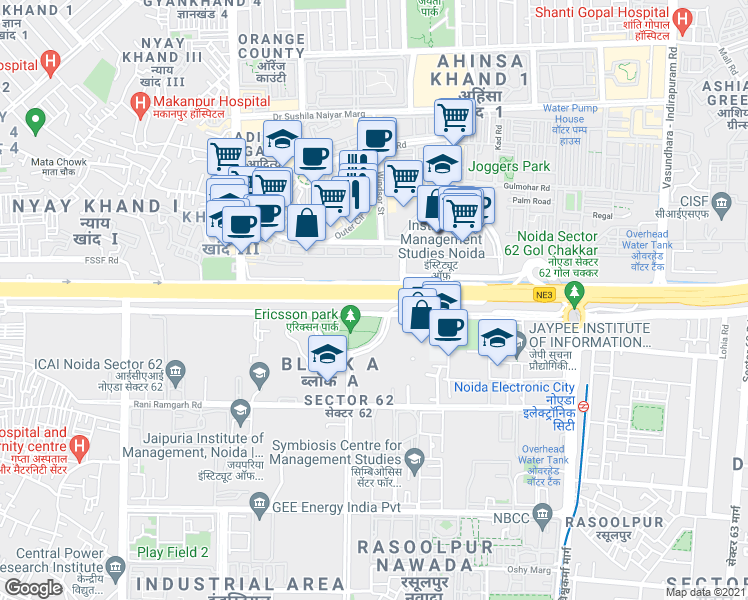 map of restaurants, bars, coffee shops, grocery stores, and more near Shipra Mall Underpass in Noida