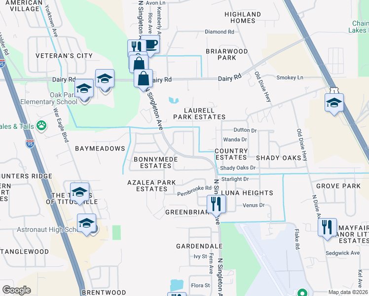 map of restaurants, bars, coffee shops, grocery stores, and more near 1205 Edward Court in Titusville