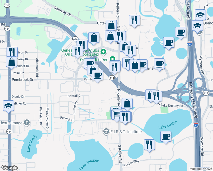 map of restaurants, bars, coffee shops, grocery stores, and more near 1760 Pembrook Drive in Orlando