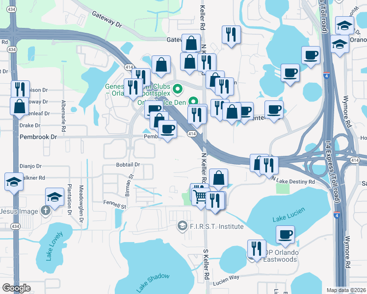 map of restaurants, bars, coffee shops, grocery stores, and more near 1760 Pembrook Drive in Orlando