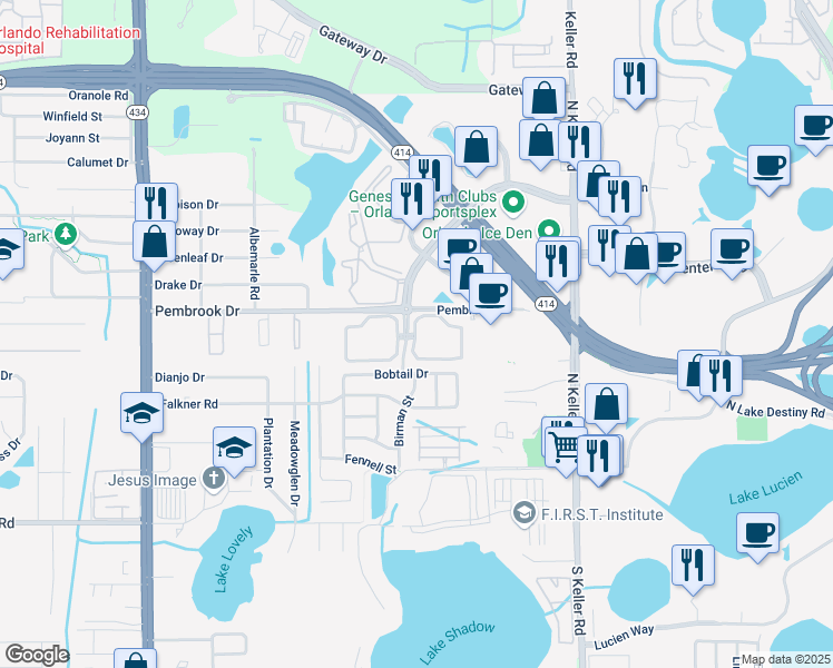 map of restaurants, bars, coffee shops, grocery stores, and more near 1955 Grand Brook Circle in Orlando