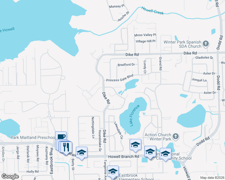 map of restaurants, bars, coffee shops, grocery stores, and more near 2817 Buccaneer Drive in Winter Park