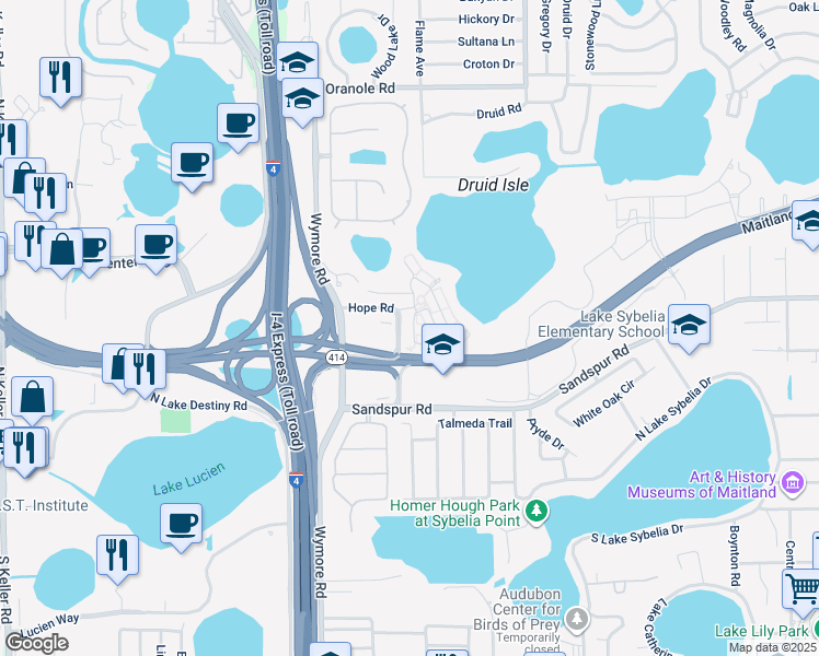 map of restaurants, bars, coffee shops, grocery stores, and more near 1379 Benevolent Street in Maitland