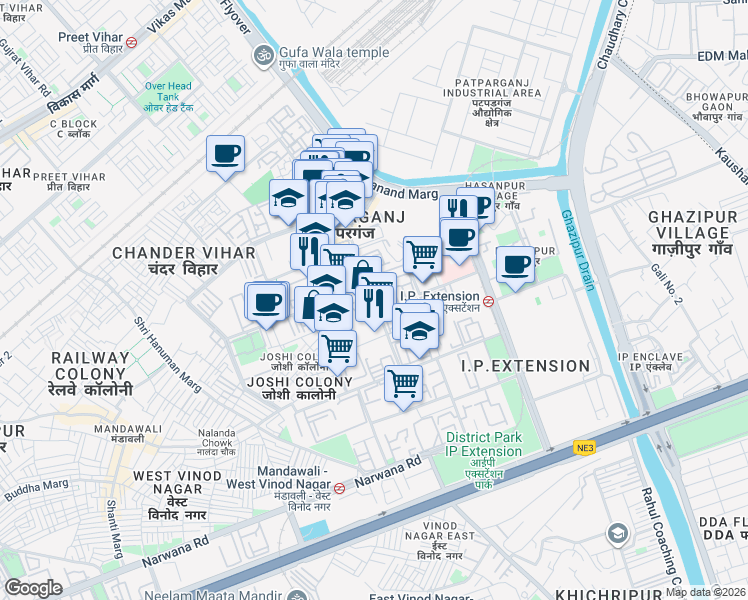 map of restaurants, bars, coffee shops, grocery stores, and more near Maharaja Agarsen Marg in Delhi