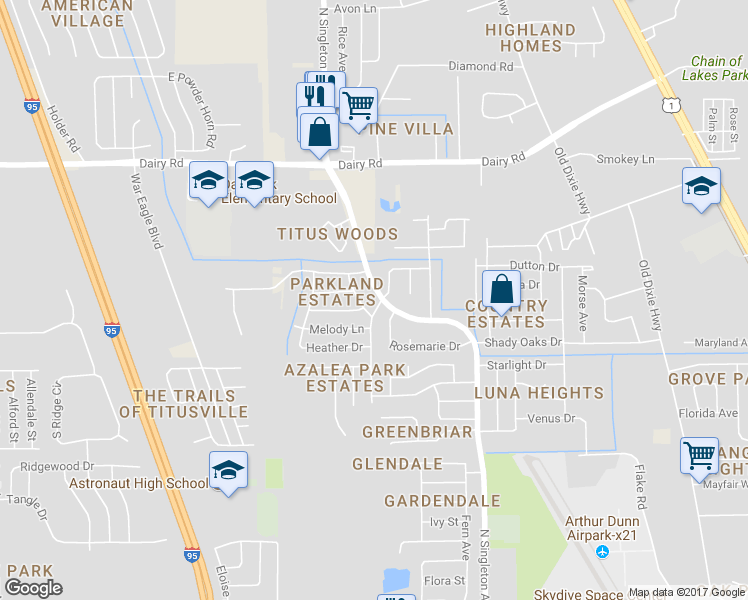 map of restaurants, bars, coffee shops, grocery stores, and more near 1200 North Singleton Avenue in Titusville