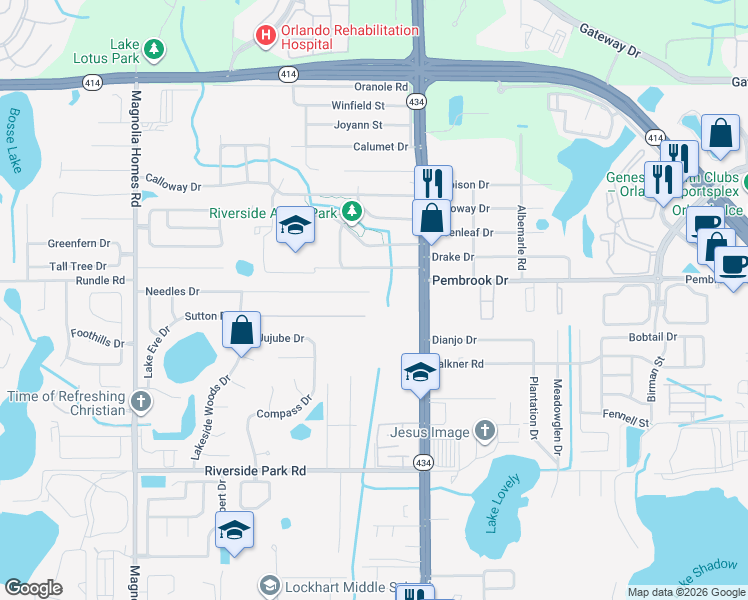map of restaurants, bars, coffee shops, grocery stores, and more near 3002 Needles Drive in Orlando