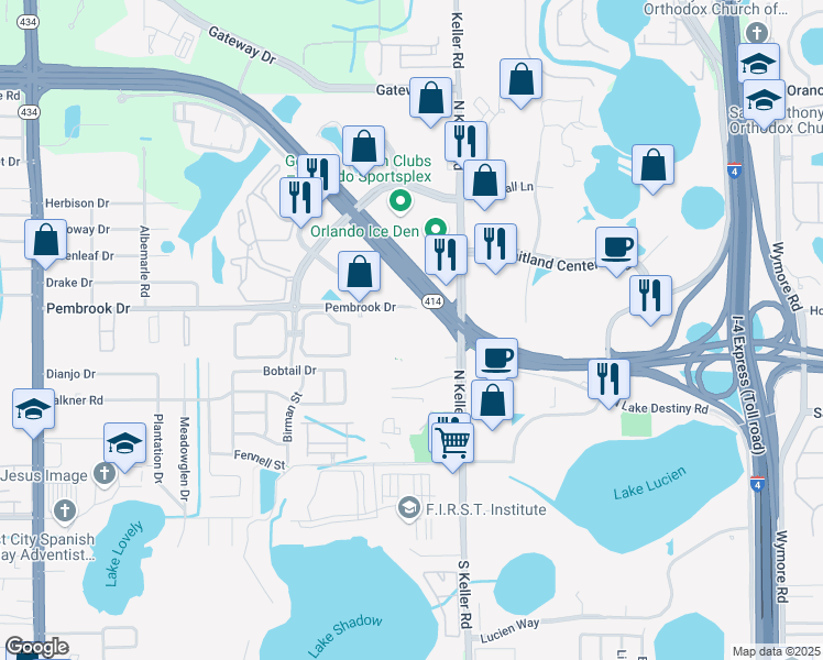 map of restaurants, bars, coffee shops, grocery stores, and more near 1760 Pembrook Drive in Orlando