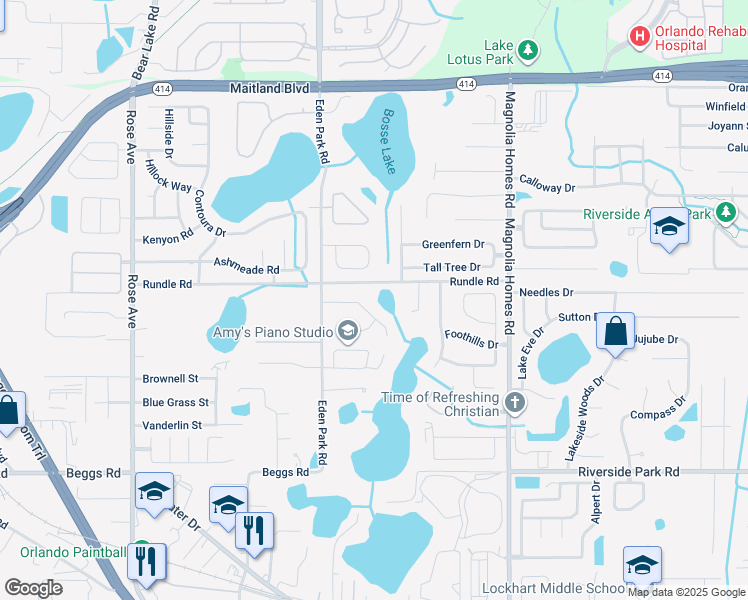 map of restaurants, bars, coffee shops, grocery stores, and more near 4419 Rossmore Drive in Orlando