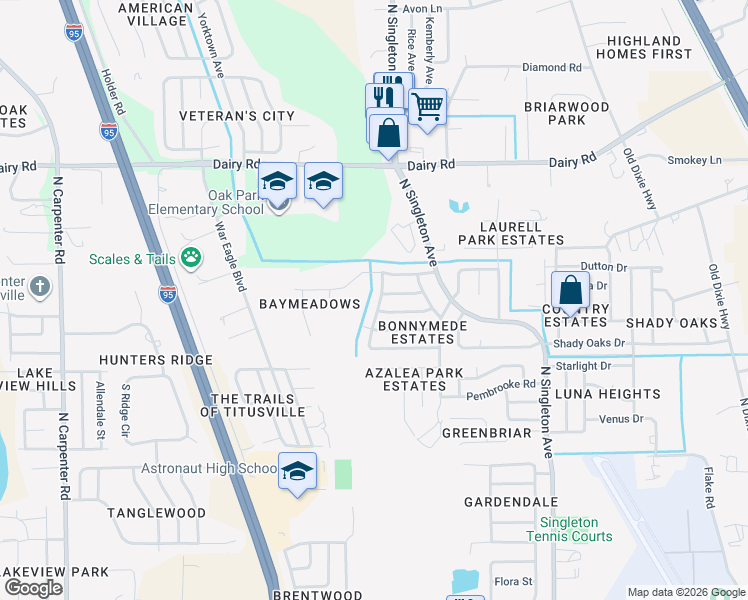 map of restaurants, bars, coffee shops, grocery stores, and more near 1190 Crescent Drive in Titusville