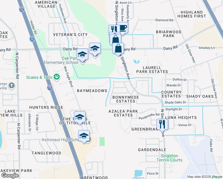 map of restaurants, bars, coffee shops, grocery stores, and more near 1190 Crescent Drive in Titusville