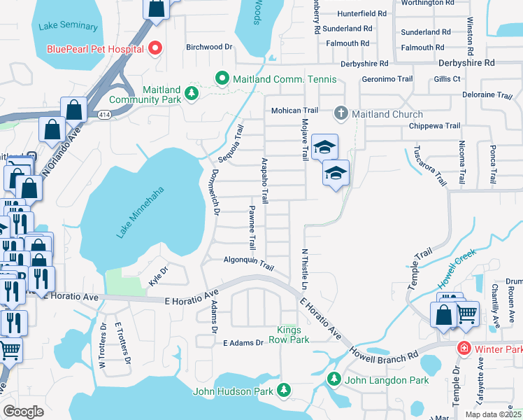 map of restaurants, bars, coffee shops, grocery stores, and more near 555 Arapaho Trail in Maitland