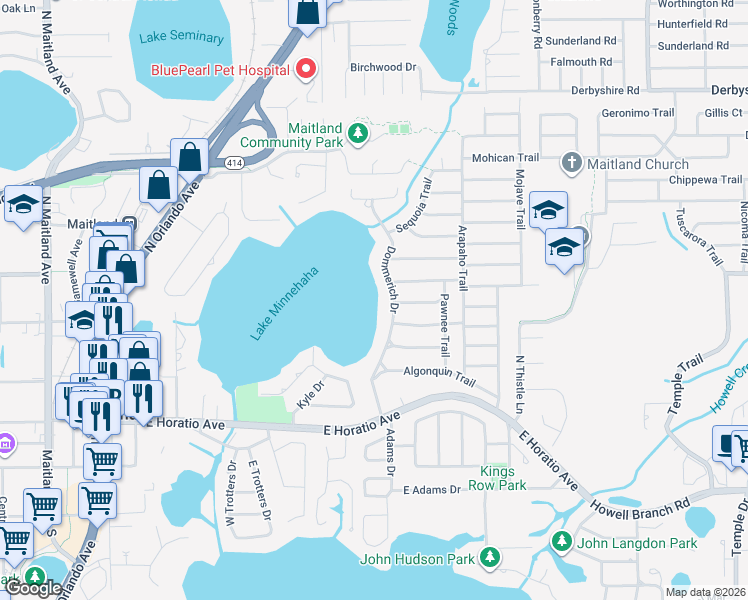 map of restaurants, bars, coffee shops, grocery stores, and more near 551 Dommerich Drive in Maitland