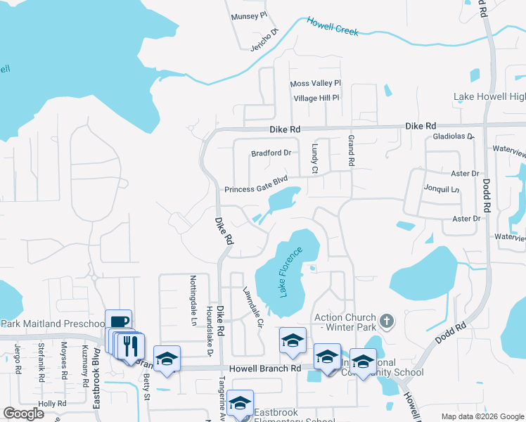 map of restaurants, bars, coffee shops, grocery stores, and more near 1335 Pirate Lane in Winter Park
