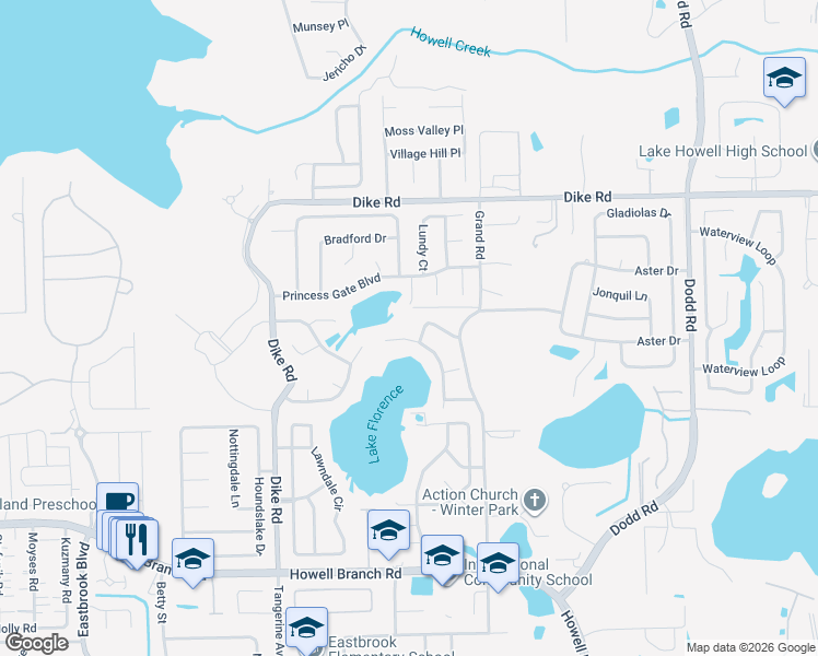 map of restaurants, bars, coffee shops, grocery stores, and more near 3318 Olde Wharf Run in Winter Park