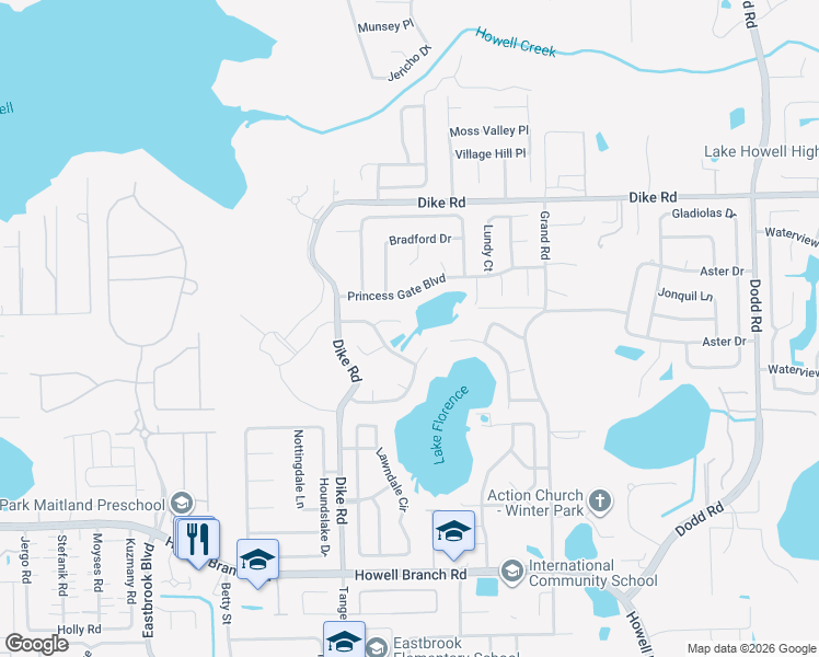 map of restaurants, bars, coffee shops, grocery stores, and more near 1335 Pirate Lane in Winter Park