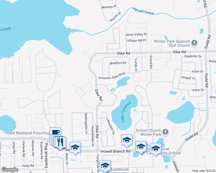 map of restaurants, bars, coffee shops, grocery stores, and more near 2817 Buccaneer Drive in Winter Park