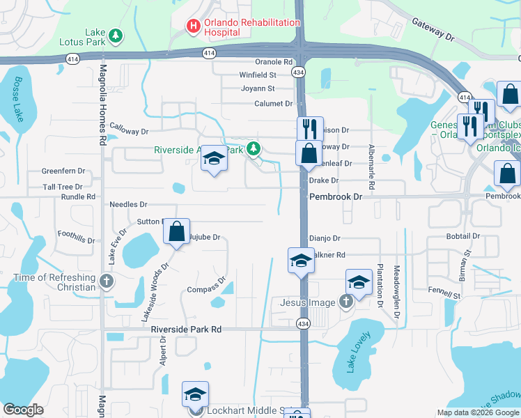 map of restaurants, bars, coffee shops, grocery stores, and more near 3002 Needles Drive in Orlando