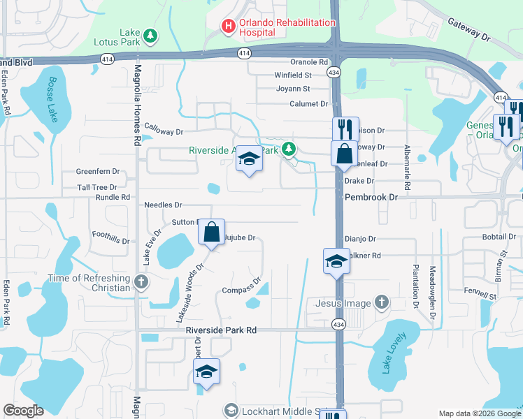 map of restaurants, bars, coffee shops, grocery stores, and more near 3214 Needles Drive in Orlando