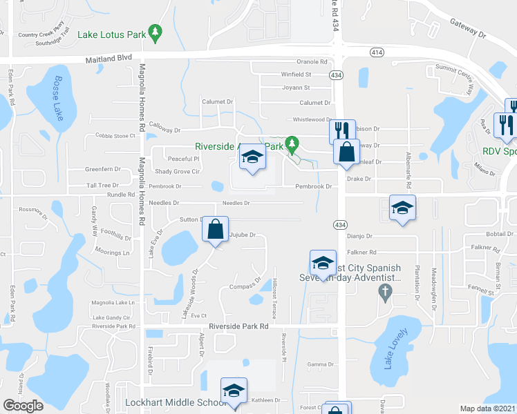 map of restaurants, bars, coffee shops, grocery stores, and more near 3214 Needles Drive in Orlando