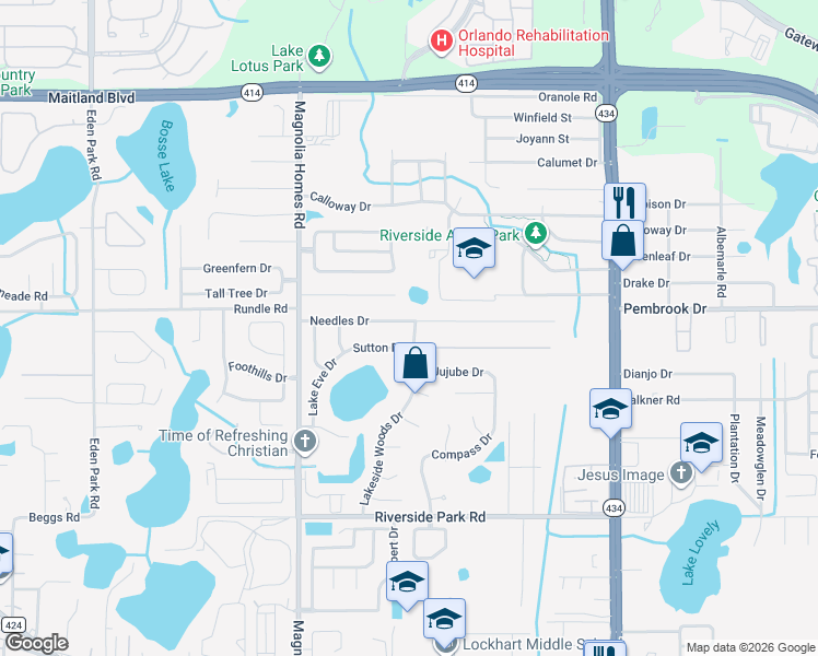 map of restaurants, bars, coffee shops, grocery stores, and more near 8308 Cameo Way in Orlando