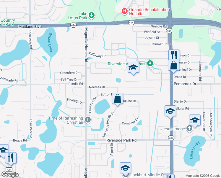 map of restaurants, bars, coffee shops, grocery stores, and more near 3702 Needles Drive in Orlando