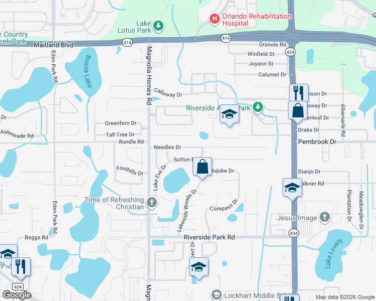 map of restaurants, bars, coffee shops, grocery stores, and more near 3702 Needles Drive in Orlando
