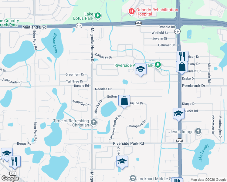 map of restaurants, bars, coffee shops, grocery stores, and more near 3702 Needles Drive in Orlando