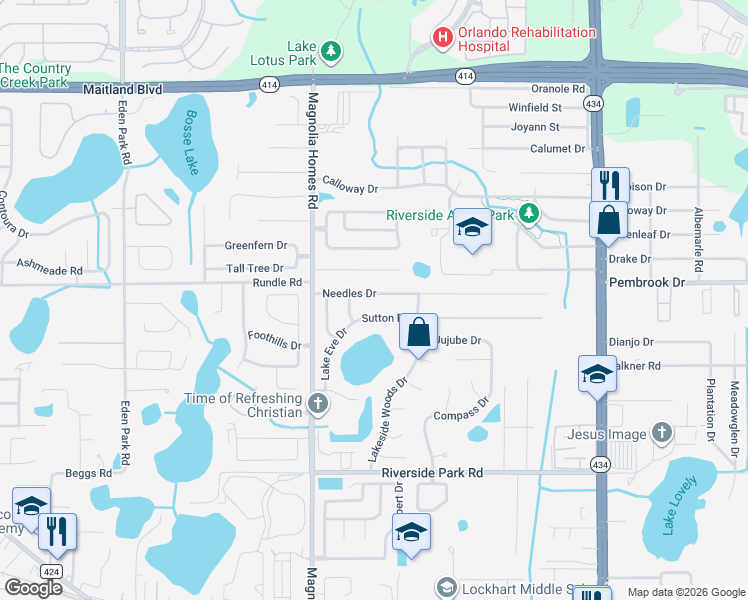 map of restaurants, bars, coffee shops, grocery stores, and more near 3702 Needles Drive in Orlando