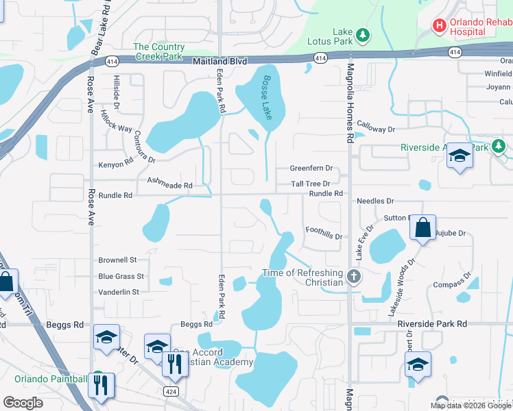 map of restaurants, bars, coffee shops, grocery stores, and more near 4419 Rossmore Drive in Orlando