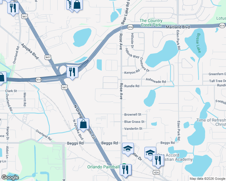 map of restaurants, bars, coffee shops, grocery stores, and more near 8459 Baywood Vista Drive in Orlando
